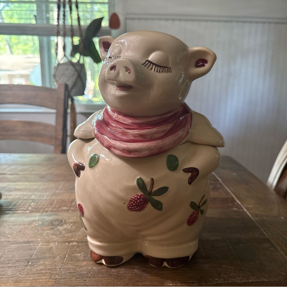Shawnee Smiley 1940s Ceramic Pig Cookie Jar with Pink Scarf and Berries